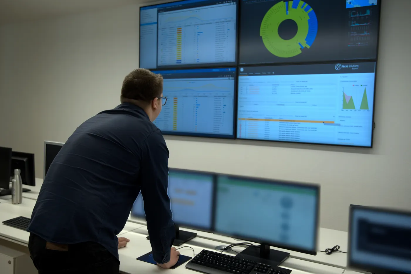 A Nersis SOC analyst reviewing alerts on the video wall